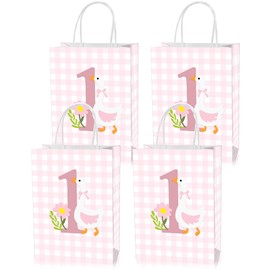 16 Pcs Goose 1st Birthday Goodie Bag,Pink Gingham Goose 1st Bday Gift Snacks Treat Candy Party Favors Bags for Girls First Birthday Party Decorations Supplies