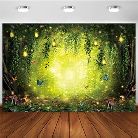 Hnmdmyi 2.1 x 1.5 m Photo Background Magic Forest Fantasty Wonderland Mushroom Wild Flower Butterfly Woodland Photography Background Baby Shower Children Birthday Party Decoration Photo Booth Props