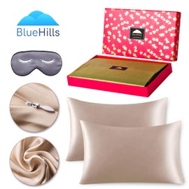 BlueHills Luxury Silk Pillowcase Gift Set - 100% Pure Mulberry Natural Soft Both Sides Silk Pillowcase 2 Pack for Hair and Skin & 1 Pure Silk Eye Mask Gift Box 3 piece Set Light Bronze Standard S015