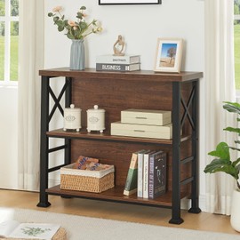 HOMBAZAAR Book Shelf, 3 Tier Short Bookshelf with Metal Frame and Backboard,Rustic Brown Deep Bookshelf with Imitation Wood Shelves, Low Shelf Bookcase for Living Room, Bedroom and Office