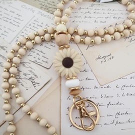 MyfavoriteK Wooden Boho Teacher Lanyard for Id Badge Cute Wood Beaded Lanyards for Women for Student Nurse Employees (Coffee)