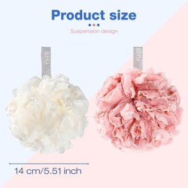 2-Pack Eco-Friendly Loofah–Soft Mesh Shower Sponge with Lace Trim & Hanging Loop–Fluffy Bath Scrunchie for Rich Lather & Deep Cleansing–Durable Shower Puff for Women & Men (White & Pink