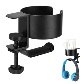 Everkeen 2 in 1 Desk Cup Holder with Headphone Hanger Holder, Anti-Spill Cup Holder-360° Rotation Aluminum Alloy Stand Hook Bearing Capacity 10kg/22lb Suitable for Coffee Mups,Water Cups,Bag,Headphone
