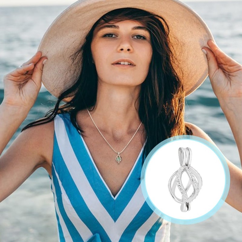 PH PandaHall 925 Sterling Silver Oval Cage Pendant, Platinum Pendant