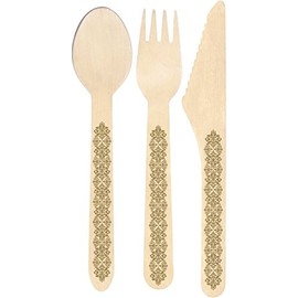 Holiday Gold Damask Disposable Wooden Cutlery Set - 30 Ct. - TWILIGHT PARTIES