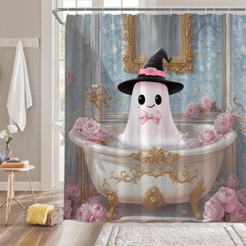 ZRUWUA Halloween Ghost Shower Curtain Funny Spooky Take a Bath Creepy Floral Gothic Bathroom Decor Curtain with Hooks,Pink