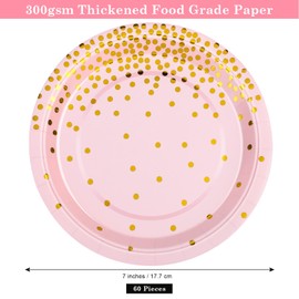 Aneco 60 Pieces 7 Inches Disposable Paper Plates Pink and Gold Foil Dot Dessert Plates Round Paper Plates for Wedding Bridal Shower Birthday Party Decorations