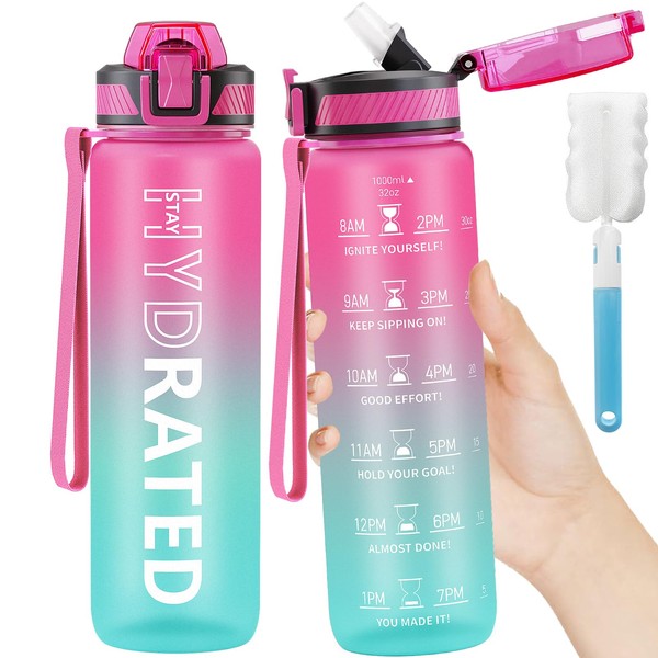 Water Bottles, 32 oz Motivational Water Bottle with Time Marking, Sports Water Bottle with Straw and Carry Strap, Tritan Leak-Proof BPA-Free, 1 Litre Water Bottles with Clean Brush for Fitness