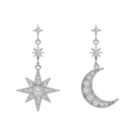 CZ Moon Star Earrings Gold Silver Plated Asymmetric Dainty Layered Sun Crescent Planet Celestial Tassel Sparkly Rhinestone Cubic Zirconia Dangle Drop Earrings for Women Birthday Fashion Jewelry Gifts (Silver)