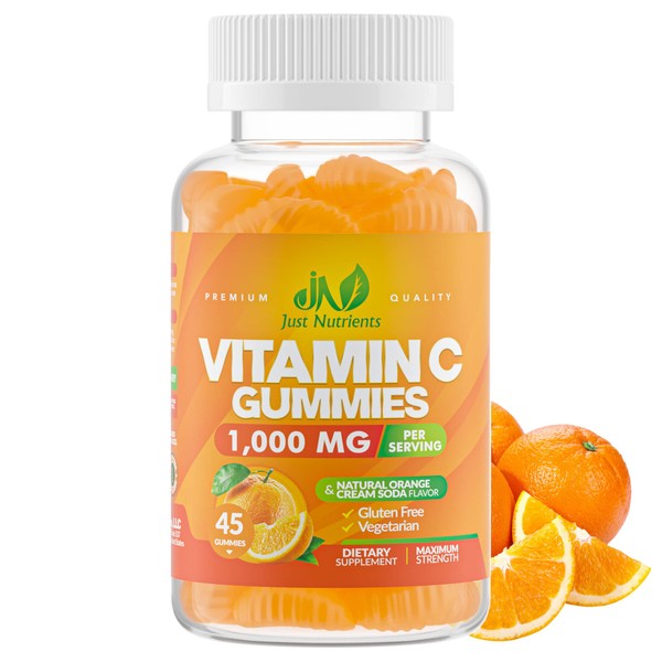 Vitamin C 1000mg Gummies for Adults & Kids – Multivitamin with Zinc & Herbal Extracts for Immune Support & Collagen Support for Skin – Orange Flavor – Gluten Free, Non-GMO, Vegetarian – 45 Gummies