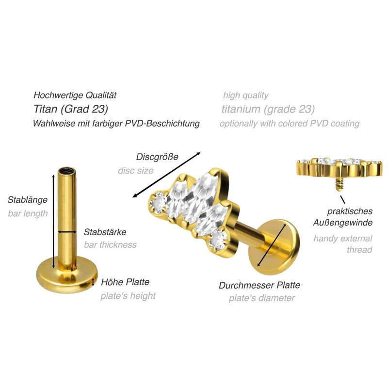 PIERCINGLINE Titanium Labret with Internal Thread Titanium Attachment Crystal Lotus