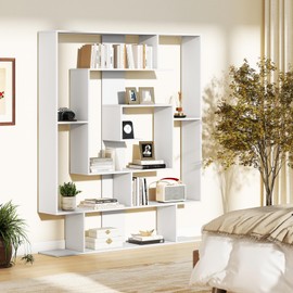 Tangkula Irregular Wooden Bookshelf, Geometric Bookcase w/Open Compartments & 2 Anti-Tip Kits, Decorative Freestanding Display Shelf, Modern Storage Organizer for Living Room, Office (White)
