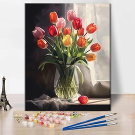TISHIRON DIY Paint by Numbers Adult Tulips in Vase, Adult Paint by Numbers Flowers, Acrylic Painting by Numbers Kits on Canvas Floral, Oil Painting Kit 40 x 50 cm (Frameless)