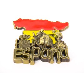 BETTER WITH FRIENDS 3D Metal Fridge Magnet. 8 cm x 6 cm Torro, Flag, Spanish Flamenco Dancer. Flag of Spain. Polka Dot Dress with Pericon Figure. Sevillian Fan