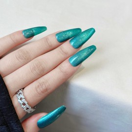 Fantasticlady Magnetic Glue On Nails,Long,Christmas,Coffin Agate Green Cat Eye Impress,Salon Quality,Lasting,Reusable, Glossy Fall Nails Kit Acrylic Set for Women