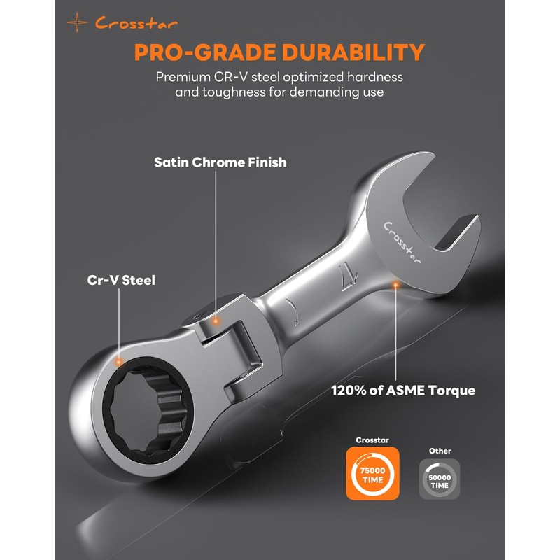 Crosstar 12Pcs 8-19mm Stubby Flex-Head Ratcheting Wrench Set, Metric