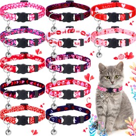Frienda 12 Pcs Valentine's Day Cat Collar Breakaway Adjustable Kitten Collar with Bell Red Pink Love Heart Patterns Pet Necklace with Safety Breakaway Buckle for Girl Cat Puppy Dog Outfit Accessories