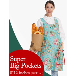 APRONNER Cozy Adjustable Cross Back Aprons for Women with Pockets Cotton Linen Cooking Kitchen Baking Noble Flowers