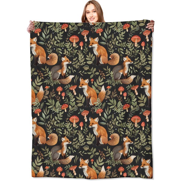 VODRM Fox Blanket,40x50in,Cute Woodland Foxes Autumn Forest Foliage Mushroom Throw