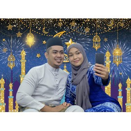 INRUI Eid Mubarak Photography Backdrop Muslim Arabic Night Lantern Moon Castle Decoration Party Backdrop (7x5ft)