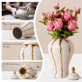 Ginger Jar, White and Gold Ginger Jar with Lid Ceramic Flower Vase for Home Decor, Storage jar, Table Center Vase Temple Jar, Decorative Centerpiece for Home, Living Room(18in