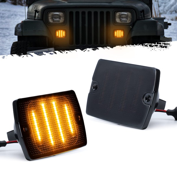 Partsam 2Pcs Front Turn Signal Lights Lamps Assembly Amber 24LED Signal Light w/White DRL Compatible with Wrangler YJ 1987-1993 with 3157 Plug and 1157 Plug, Smoke Lens