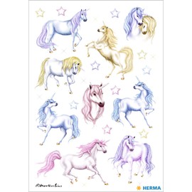 HERMA 3427 Aufkleber Einhorn Glitzer klein groß, 18 Stück, Tiere Sticker mit Einhörner Sterne Motiv, Kinder Etiketten für Fotoalbum Tagebuch Poesiealbum Scrapbooking Geburtstag Deko Briefe DIY Basteln