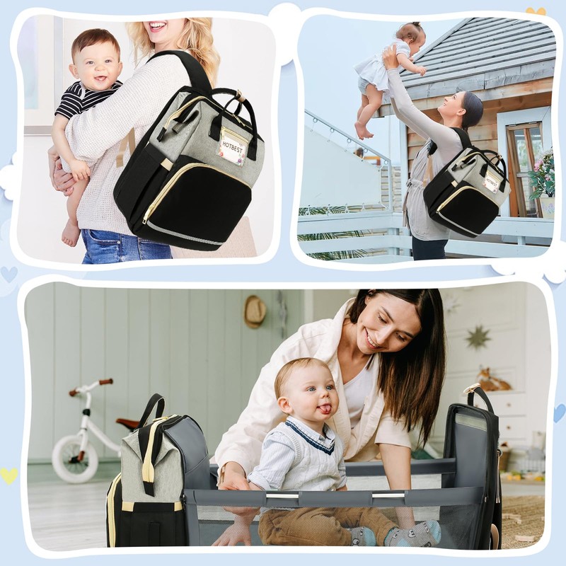 HOTBEST Unisex Baby Diaper Bag Backpack, Black & Grey, Large