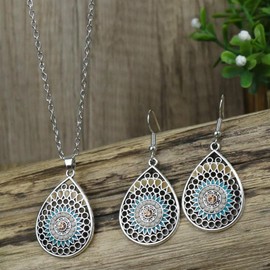 72ore Boho Necklace Earrings Silver Drop Rhinestone Tassel Pendant Vintage Fall Necklace Earrings for Women Jewelry Set Birthday Gifts Boho Shirt Outfits Accessories