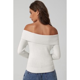 QINSEN Off The Shoulder Tops for Women Ribbed Knit Long Sleeve Pullover Sweater Classic-Fit Going Out Tops Beige XS