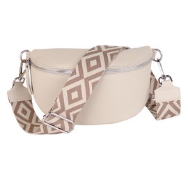 MIRROSI® Women's Bum Bag, Genuine Leather, Made in Italy, Shoulder Bag, Chest Bag, Crossbody Bag (1 Bag & 2 Straps), Beige (Rhombus)