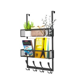 Kaiferty Over The Door Hooks Organizer,Coat Rack with 12 Hooks and 2 Mesh Baskets,Back of Door Storage Organizer for Bathroom,Bedroom,Kitchen,Office(Black)