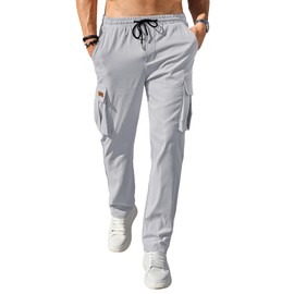Comdecevis Men's Casual Cargo Pants Workout Joggers Stretch Sweatpants Hiking Drawstring Tactical Pants with Multi Pockets Medium Grey