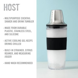 HOST Cocktail Shaker FREEZE Double-Walled Cup with Citrus Reamer, Stainless Steel Jigger Cap, Strainer, and Active Cooling Gel, Black 20 Oz 3-Piece Bar Set,Gray