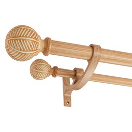 Mayrhyme Wood Double Curtain Rods Set for Windows 36 to 72 Inches (3 to 6 ft), Adjustable Heavy Duty Dual Drapery Rods, 1 Inch Boho Rustic Decorative Design with Imitation Wood Grain Leaf Finials