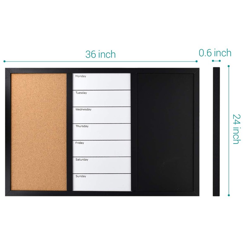 Navaris Combination Board Cork/Whiteboard/Chalkboard - 24 x 36 inches Combo