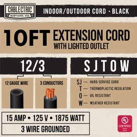 Cablectric 10 Ft Black Oil Resistant Extension Cord for Farms & Ranches - 12/3 SJTOW Heavy Duty 12 Gauge Outdoor Cable with 3 Prong Grounded Plug, 15 AMP