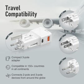 Promate, Compact Universal Travel Adapter 20W Fast Charge 3.0 US/UK/EU/AU Plug Elegant Slide-in Design TriPlug PD20