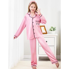 Mikrdoo Girls Silk pajamas Sets: Long Sleeve Sleepwear Button-Down 2 Pcs PJs for Unisex Boys & Girls, Pink 4-5 Years