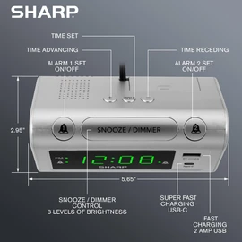 SHARP Alarm Clock for Bedrooms, Super Fast USB-C Charging and Fast 2 Amp USB Charging, 2 Alarms, 3-Step Dimmer, Snooze, Easy to Set Controls, Silver with Green LED Display