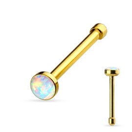 PiercedOff Gold Tone IP over 316L Surgical Steel Nose Bone Stud with Flat White Synthetic Opal Head - Thickness 20GA (0.8mm) / Length 6mm / Head Size 2.5mm