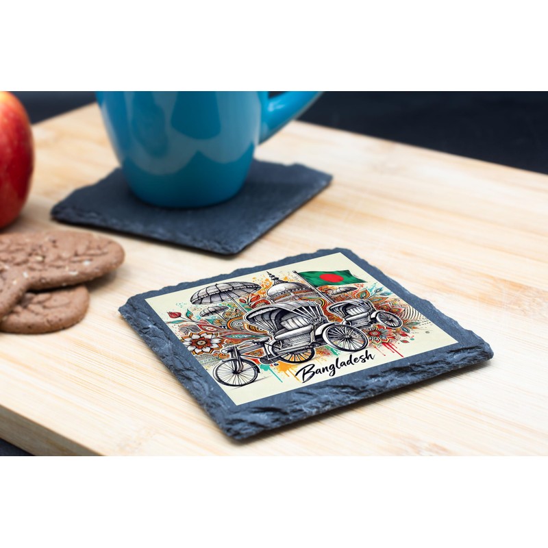 Bangladesh Rickshaw Slate Coaster with Colorful Artwork and Flag Design