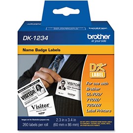 Brother Genuine DK-1234 Die-Cut Adhesive Name Badge White Paper Labels for Brother QL Label Printers, 2.3" x 3.4" (60mm x 86mm), 260 Labels per Roll, DK1234