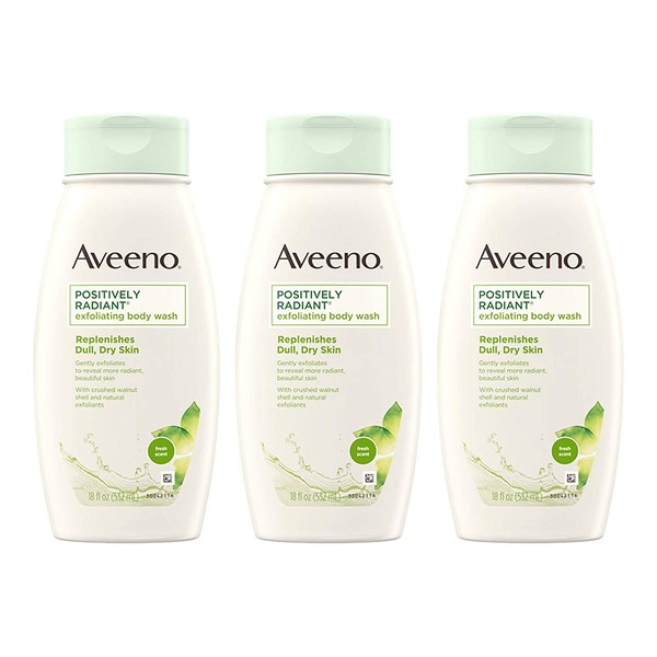 Aveeno Positively Radiant Exfoliating Body Wash with Moisture-Rich Soy Complex & Crushed Walnut Shell for Dry, Dull Skin, Soap-Free, Dye-Free & Hypoallergenic Formula, 18 fl. Oz (Pack of 3)