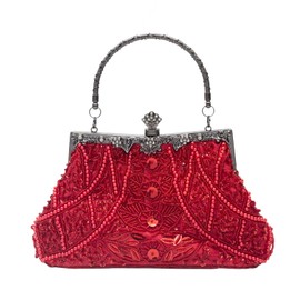 CORIOS Vintage 1920s Clutch Bag Women's Handmade Pearl Handbag Evening Bag Elegant Shoulder Bag Chain Shoulder Bag Small Bag Wedding Banquet Party Prom Bag, red