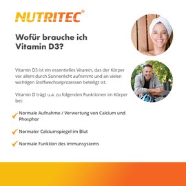 Nutritec Nutritec Vitamin D3 5000 IE, 300 Tage Vorrat, NUR 1 Tablette alle 5 Tage, 60 Tabletten, hochdosiert mit 125 µg Vitamin D3 pro Tablette