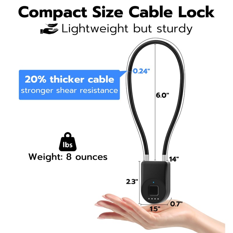 Anweller Fingerprint Cable Lock, 14" Long Shackle Small Padlock, Keyless