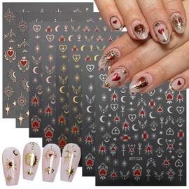 8 Sheets Metallic Nail Art Stickers Bronzing Star Moon Nail Decals 3D Self-Adhesive Gold Silver Nail Art with Heart Charms Design Moon Star Nail Stickers for Women Manicure Decoration Accessories
