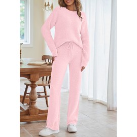 MEROKEETY Women's 2025 Fall Trendy Crew neck Top and Pants Solid Color Knit Lounge Sweater Sets, Pink, X-Large