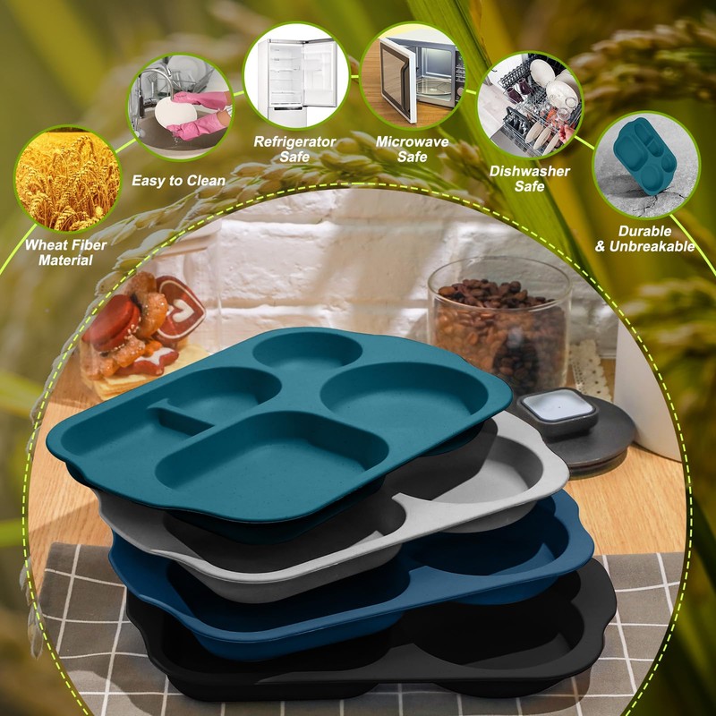 Tanlade 8 Pcs Large Unbreakable Divided Plates 12 Inch Wheat
